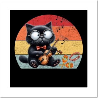 Funny Retro Cat Playing Violin Violinist Posters and Art